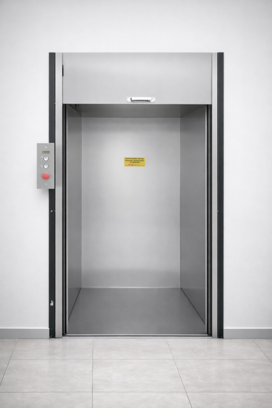 monta carga instalado em cozinha industrial para transporte de alimentos e utensílios entre pavimentos